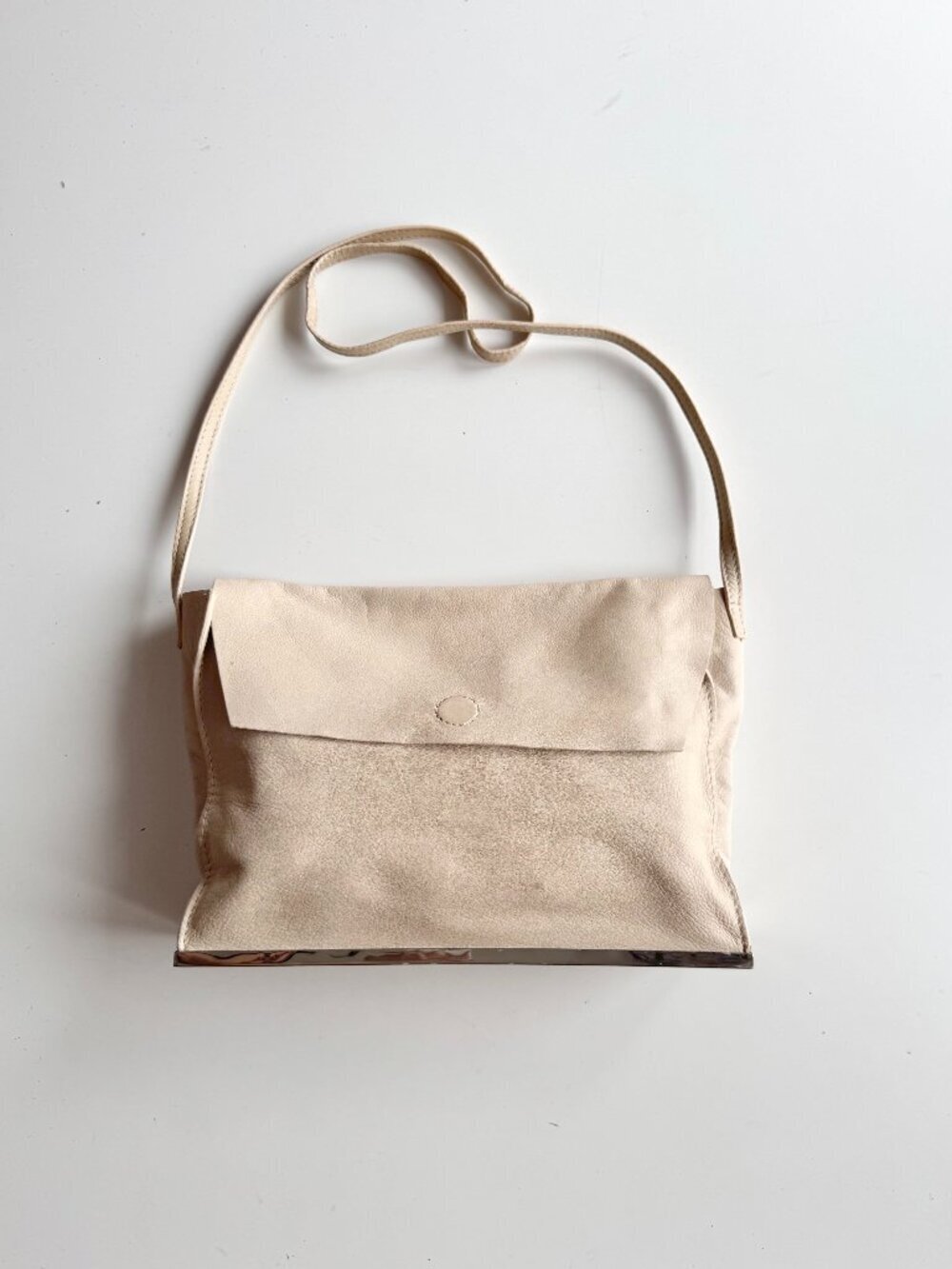 ZARA Beige Genuine Leather Foldover Flap Metal Frame Crossbody Bag Purse